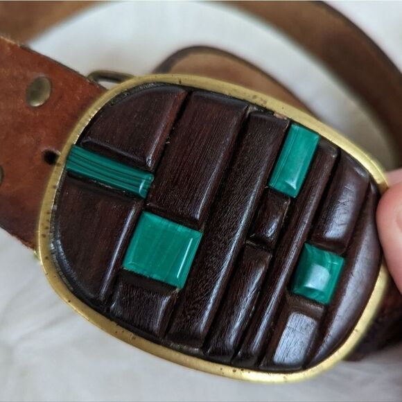 Vintage tooled leather belt brass wood green stone buckle 36 main image 4